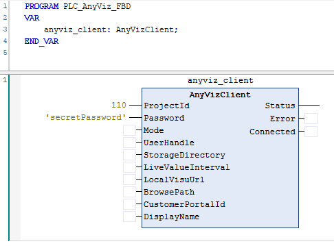 Example of integration of the Data Analyzer Cloud Adapter function block in the FBD programming language