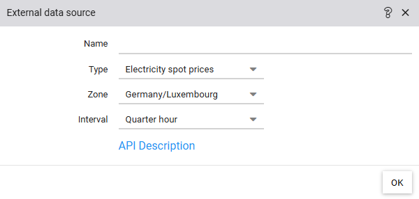 Configuration of an external data source for fetching the electricity spot prices with selection of the zone Germany/Luxembourg