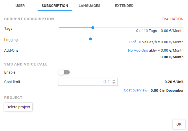 Configuration of tag and recording subscription, as well as cost limit for SMS and voice calls. Option to delete the project.