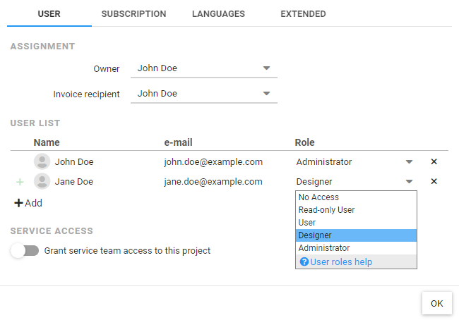 Management of users of a project with selection of the role of a user
