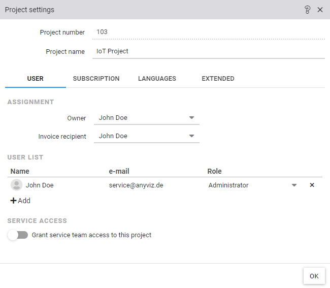 Project Settings dialog with project number, project name, location, logo, owner and invoice recipient. Users tab to manage the project users, as well as to enable the service user access.
