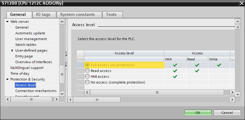 Allow full access in TIA Portal