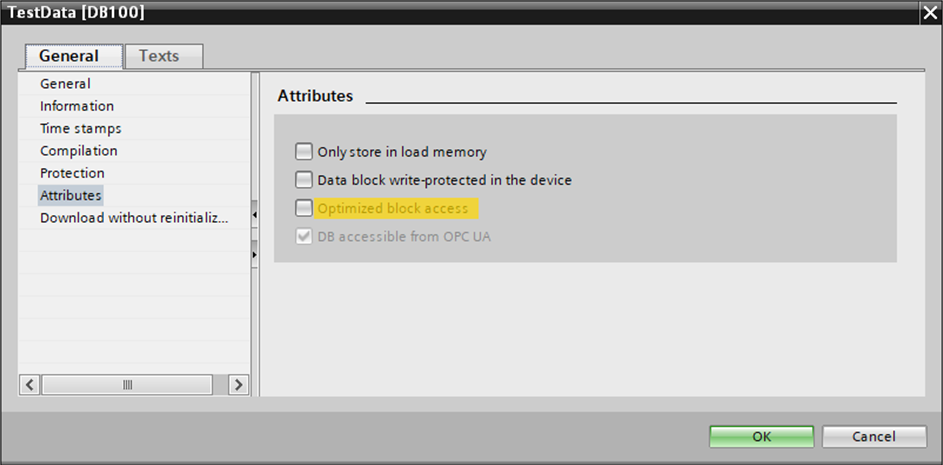 Disable optimized block access in TIA Portal