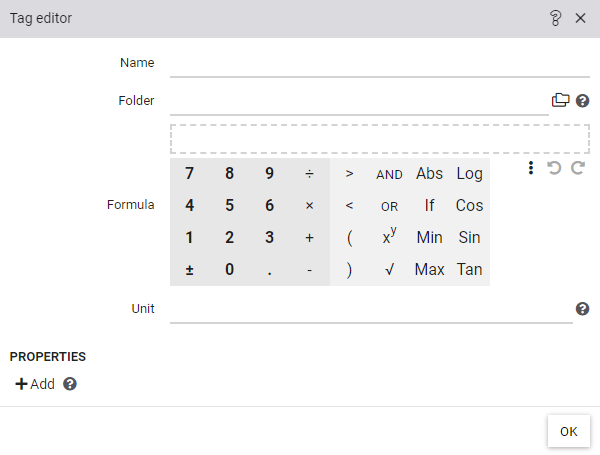 Tag editor to configure a calculated tag by entering a formula