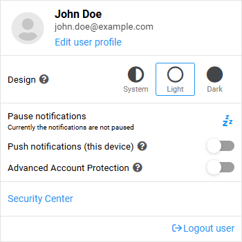 Display of basic user information and settings